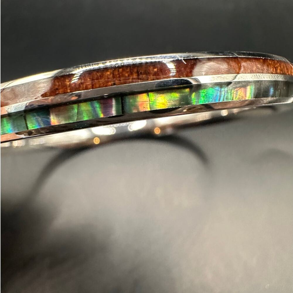 Koa Abalone Bangle Bracelet Hawaiian Jewelry Silver tone Boho Summer Funky